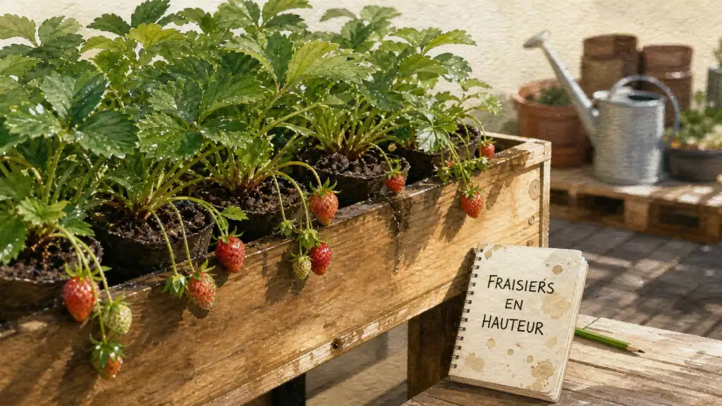 Plantation fraisier en hauteur : fraisiers en gouttière hors-sol, collet affleurant.