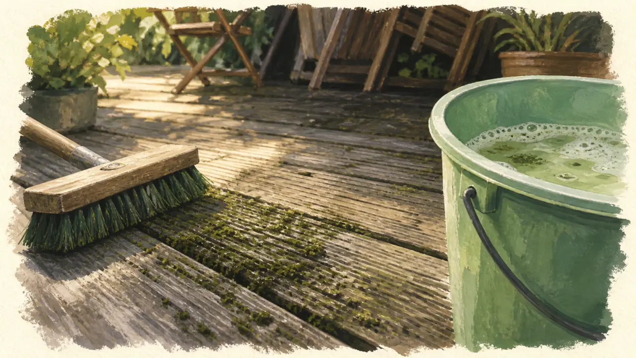 Terrasse nettoyage : mousse sur bois grisé