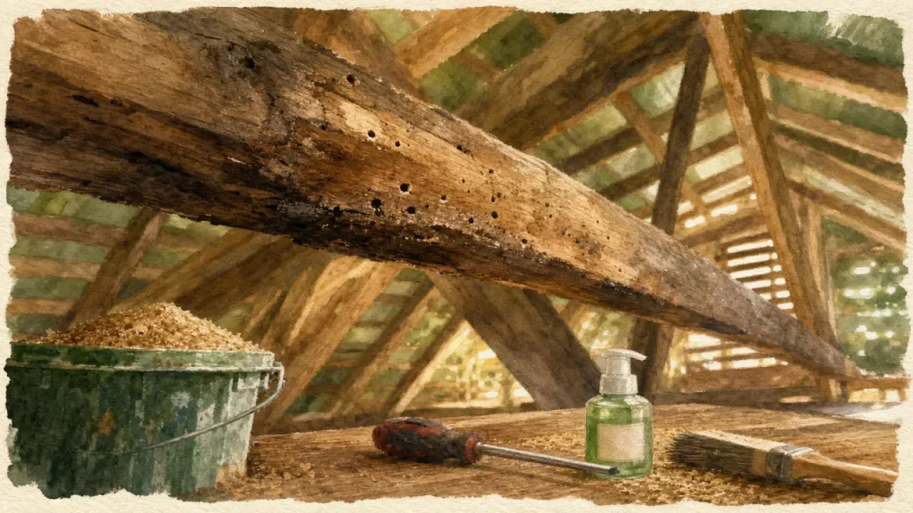 Traitement charpente bois : sciure au sol et bois friable, traces d’humidité
