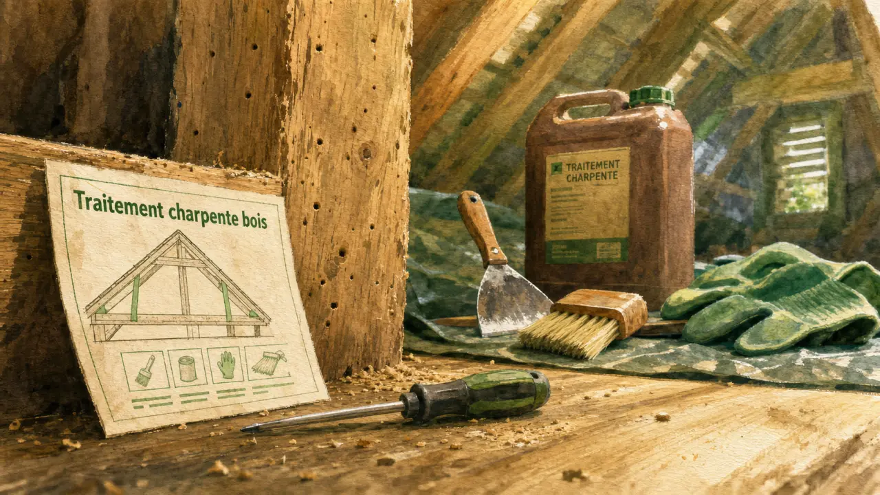 Traitement charpente bois : sciure au sol, bois friable, signes et réparation