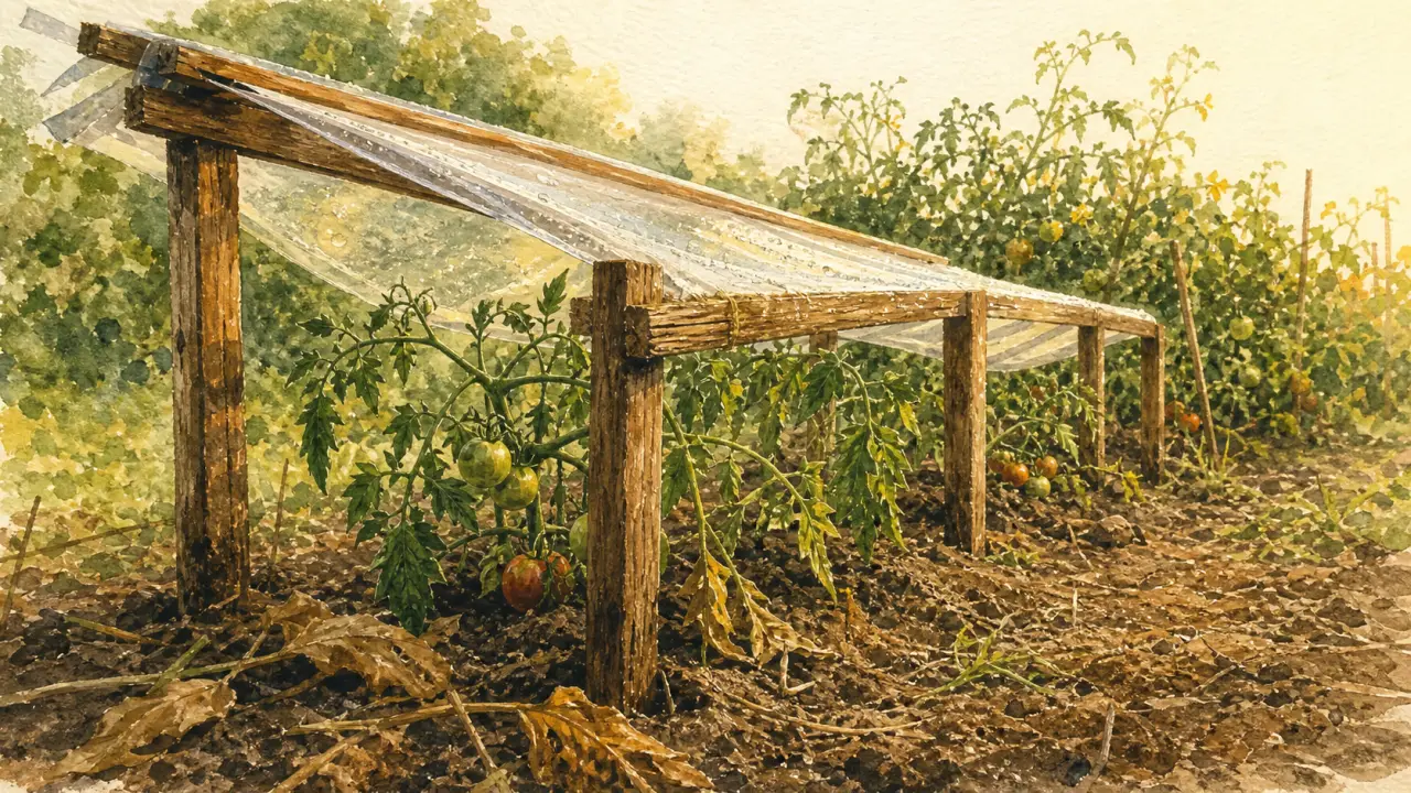 Abri tomates fait maison pour garder les feuilles au sec sur une pente.