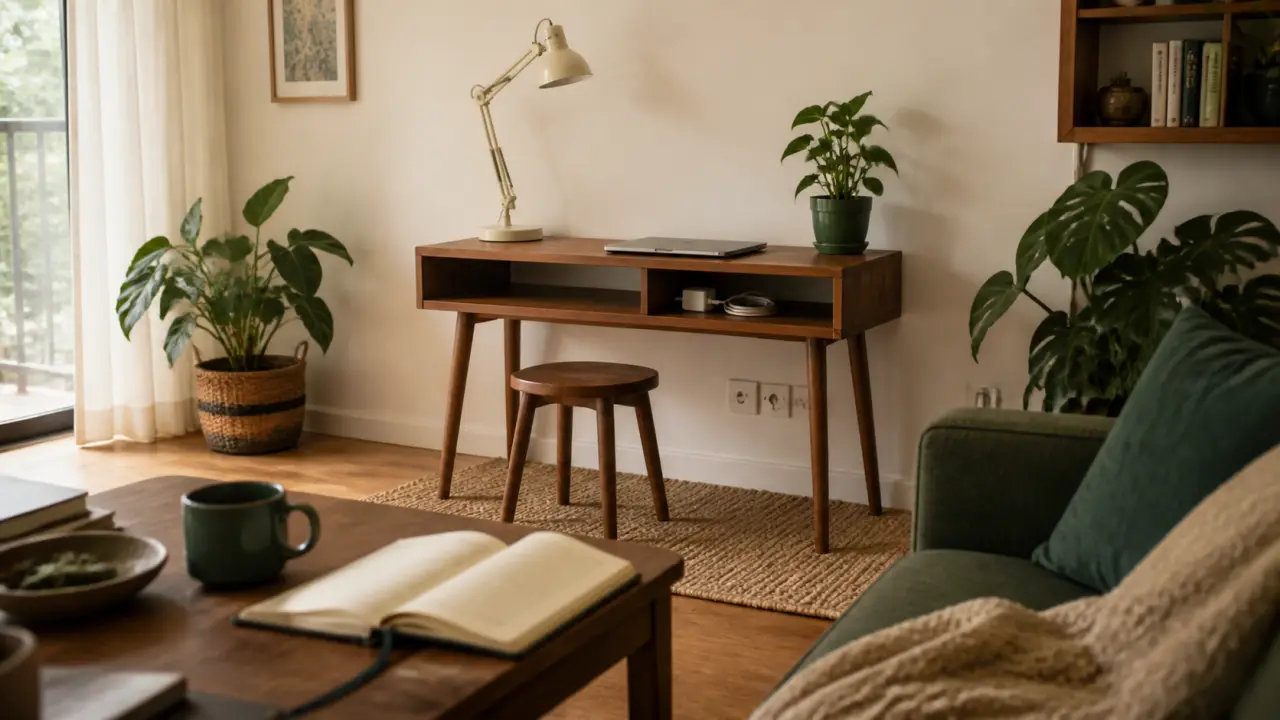 Aménager un bureau dans un petit espace : bureau compact et lampe, 2 m²
