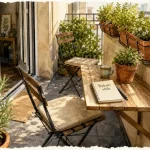 Amenager son balcon : petit balcon sans encombrer avec table et plantes