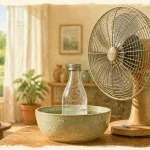 Astuce ventilateur air froid : bouteille glacée devant un ventilateur et linge humide