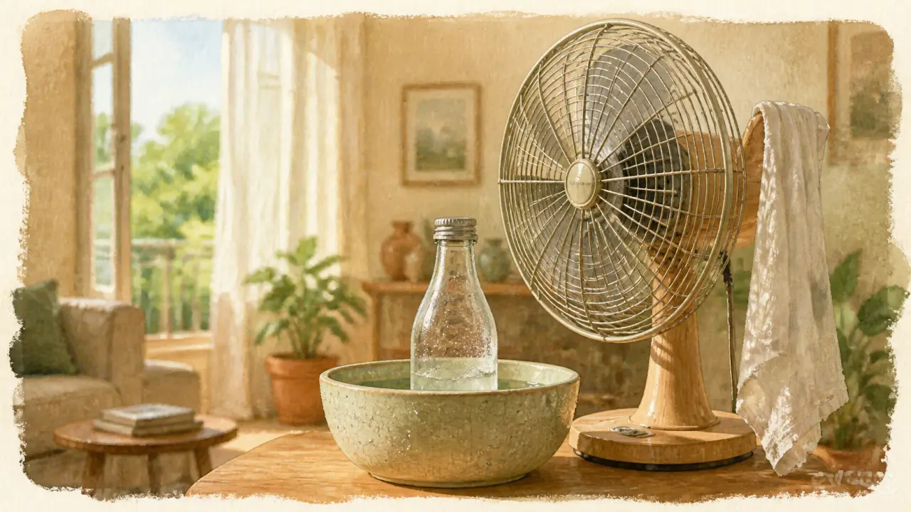 Astuce ventilateur air froid : bouteille glacée devant un ventilateur et linge humide