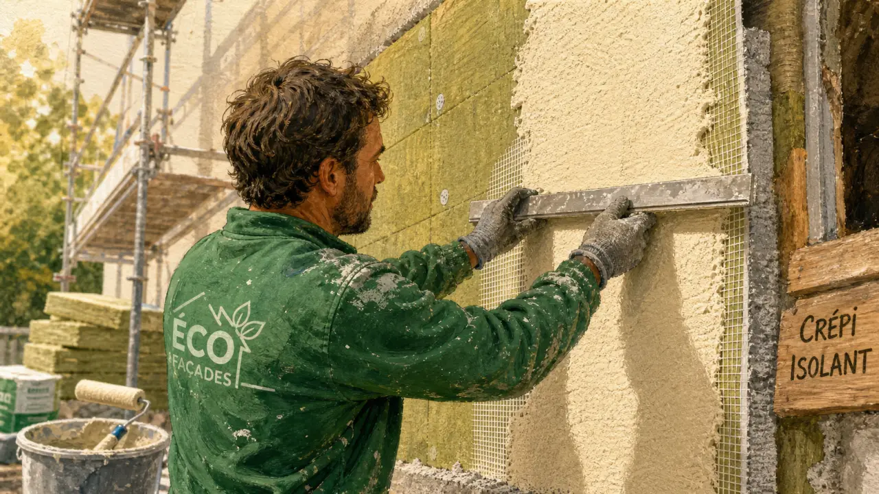 Crepi isolant : artisan applique l’enduit sur façade isolée