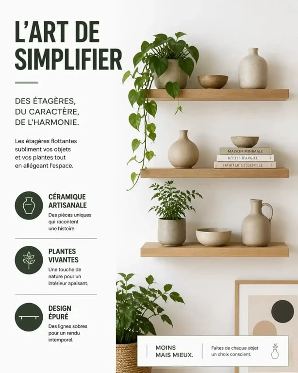 Étagères flottantes pour décorer un mur blanc avec des objets déco
