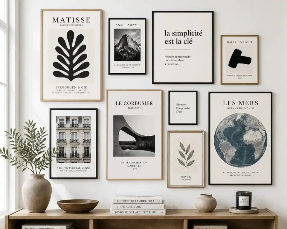 Mur galerie pour décorer un mur blanc avec des cadres variés