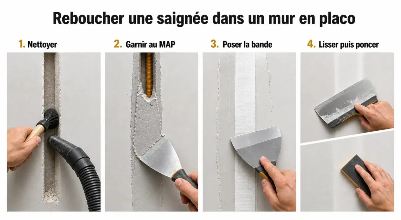 Reboucher saignée placo en 4 étapes : nettoyage, remplissage au MAP, bande papier et finition