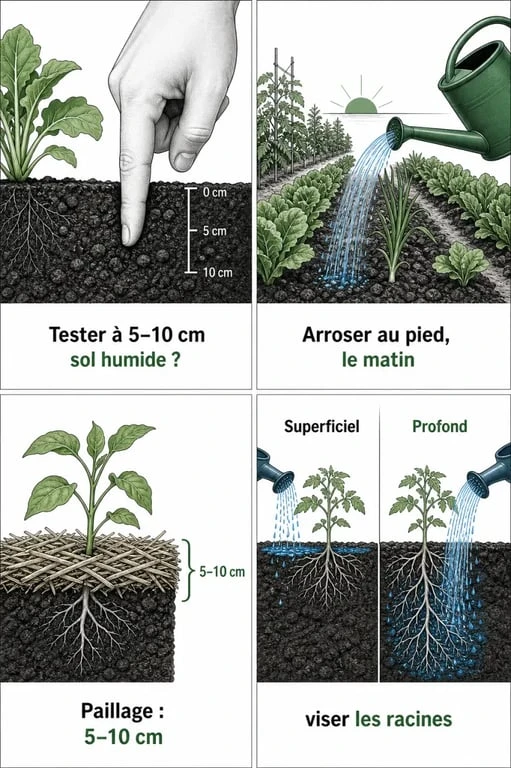 Comment bien arroser son potager : test du sol, arrosage au pied et paillage