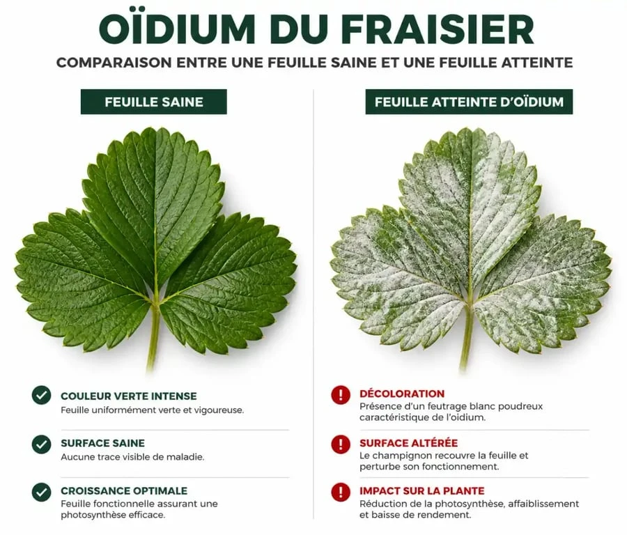 Différence entre feuilles de fraisiers saines et malades