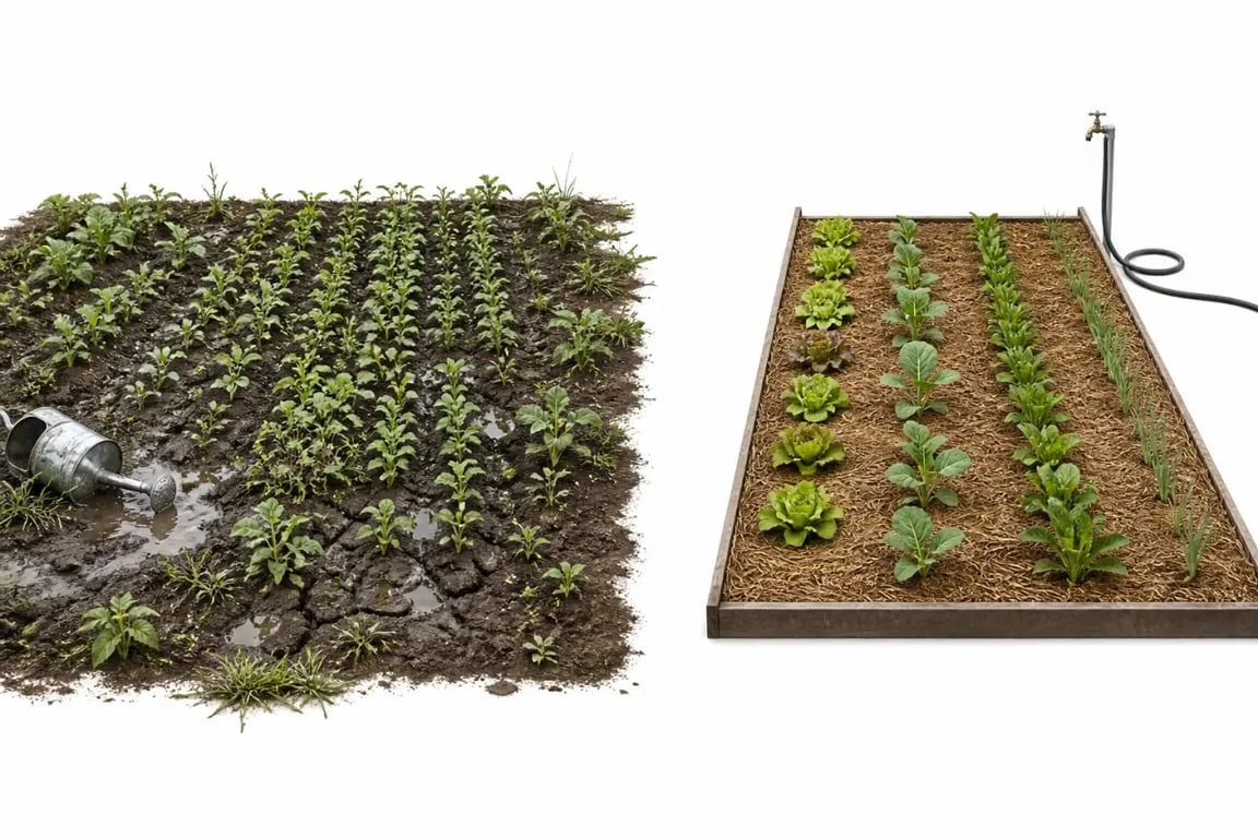 Erreurs de débutant au potager à éviter illustrées dans un petit potager bien organisé