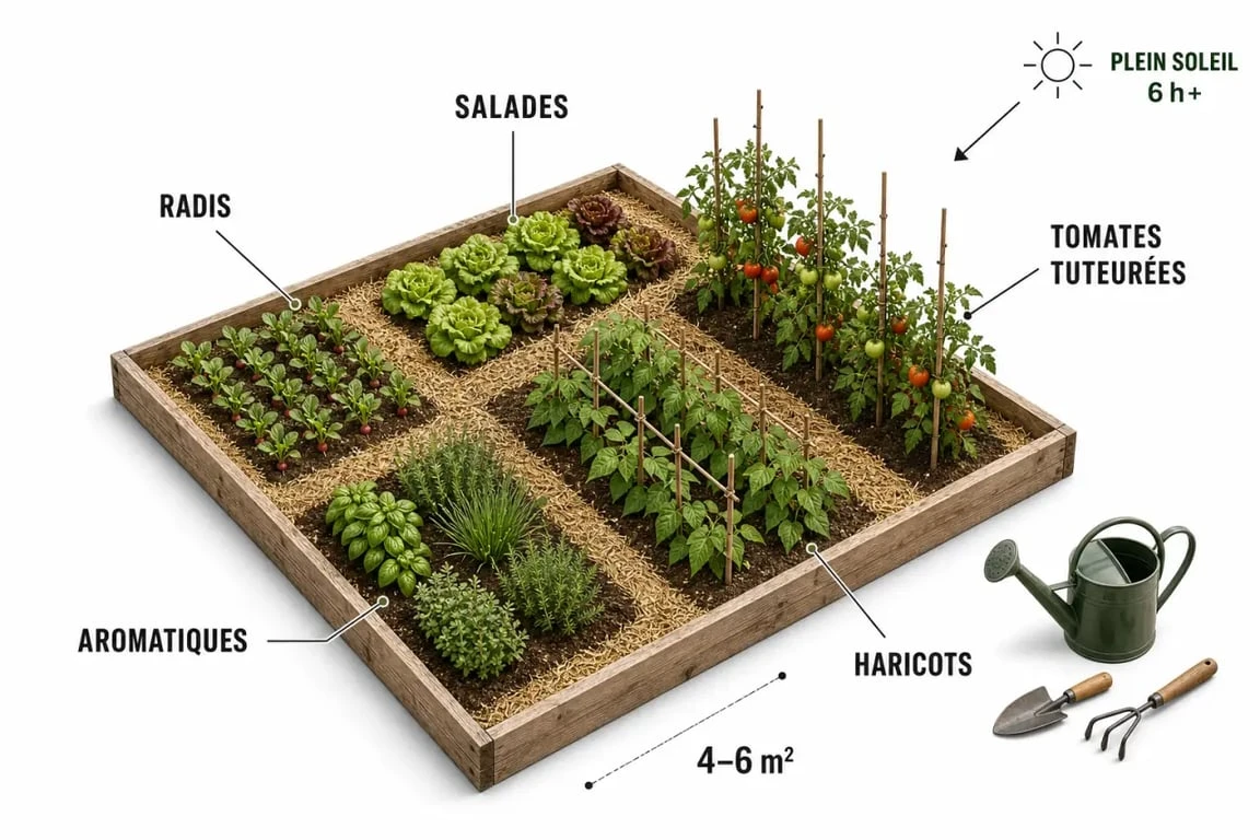 Comment faire un potager quand on débute : petit potager organisé avec radis, salades, tomates et aromatiques
