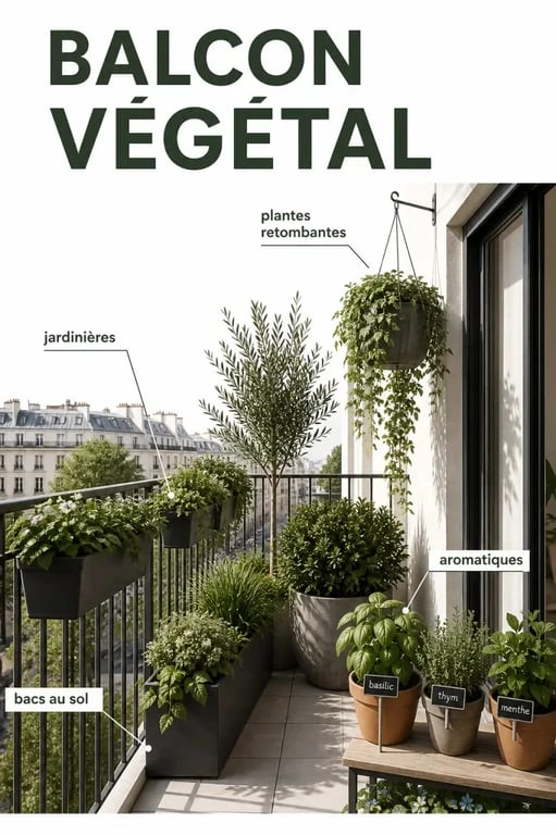 Créer un coin de verdure sur son balcon : balcon urbain aménagé avec plantes à plusieurs hauteurs, jardinières et aromatiques