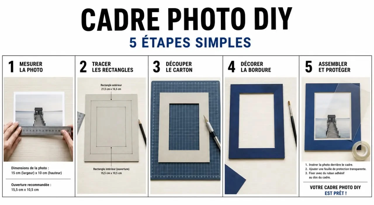 Cadre photo fabriquer : étapes illustrées pour mesurer, tracer, découper et assembler un cadre DIY