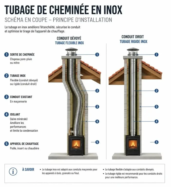 Schéma technique de l'installation d'un tubage pour poêle à bois