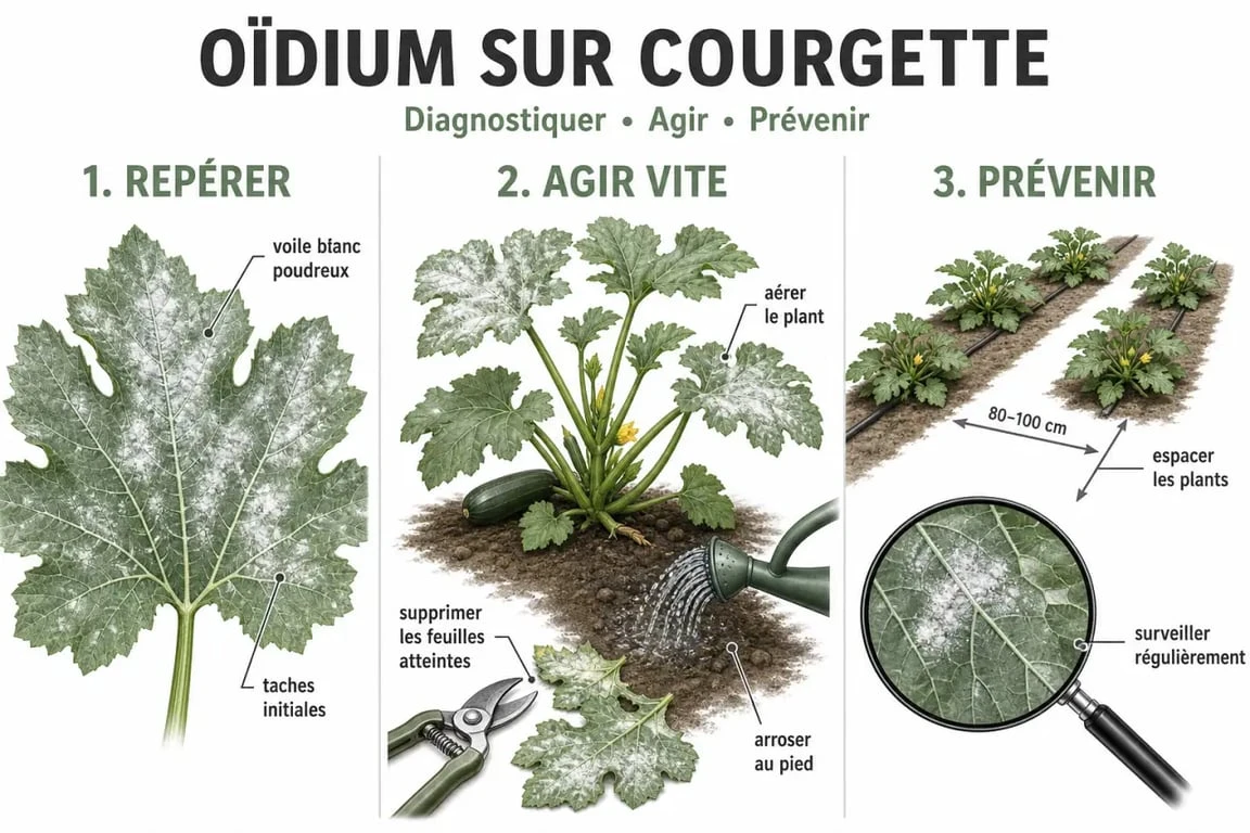 Traitement oïdium courgette : schéma éditorial des symptômes, des gestes immédiats et de la prévention au potager