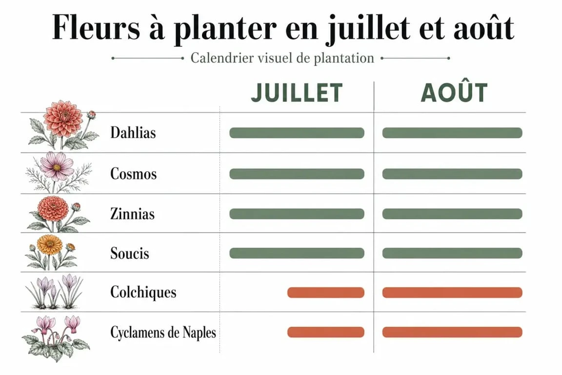 Que planter en juillet août fleurs : calendrier visuel des fleurs à planter selon le mois et l’exposition