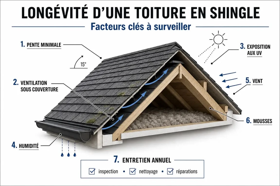 Schéma sur la toiture en shingle durée de vie : facteurs qui prolongent ou réduisent la longévité