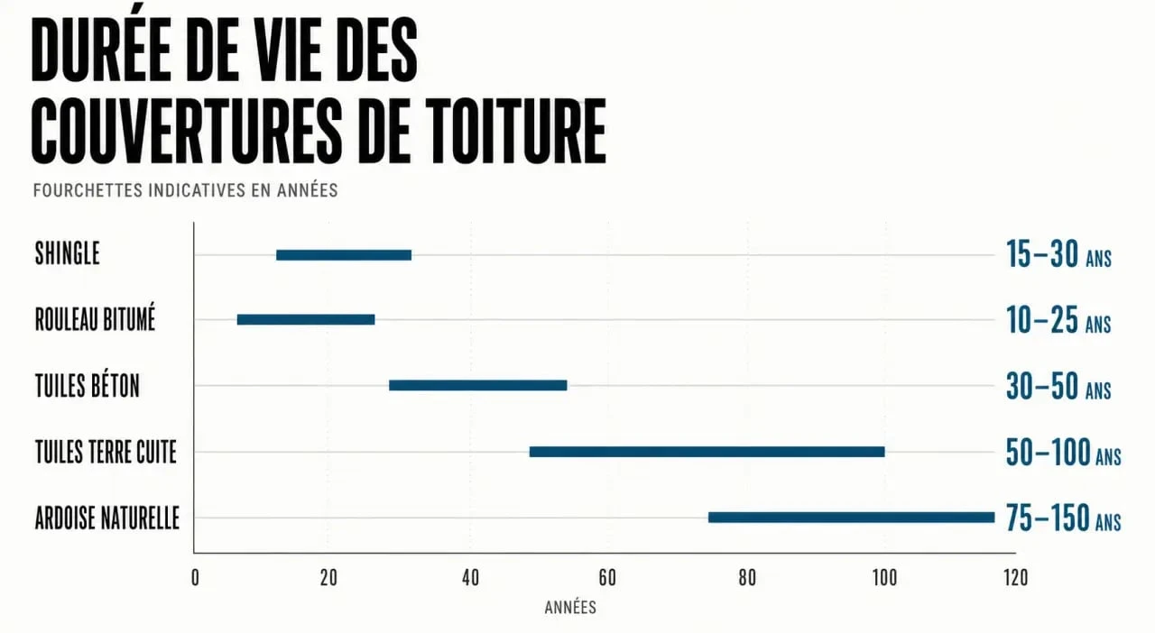 Infographie sur la toiture en shingle durée de vie : comparaison des durées de vie avec d’autres matériaux de couverture