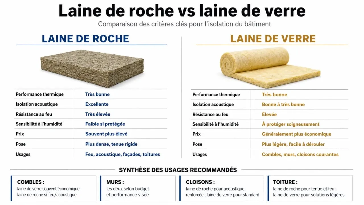 Laine de roche et laine de verre : comparaison visuelle des performances thermiques, acoustiques, feu et humidité