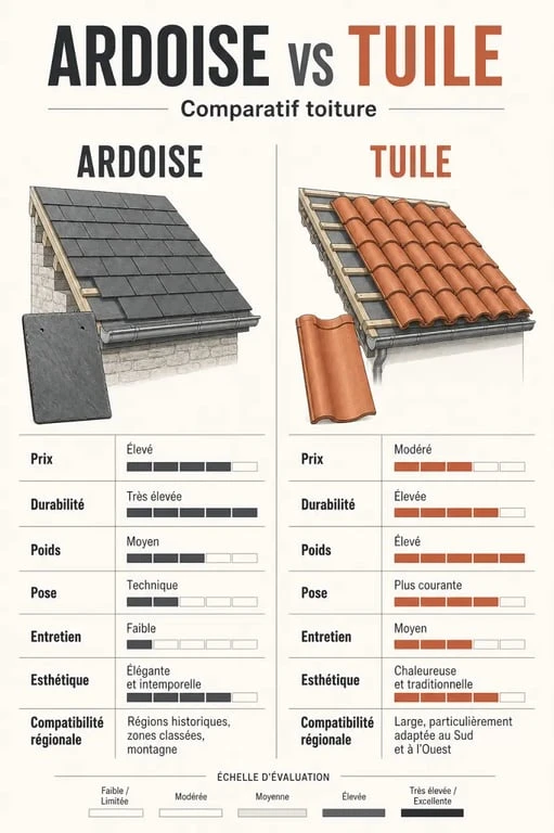 Comparatif ardoise tuile pour toiture avec critères de prix, durabilité, poids et entretien