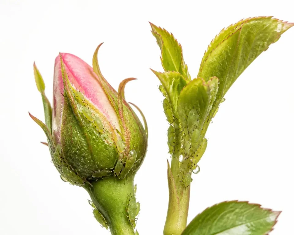 Pucerons verts rosiers sur jeunes pousses de rosier, gros plan d'identification