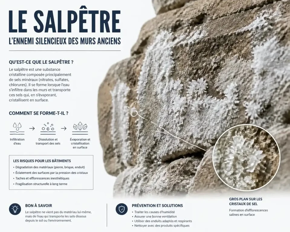 Signes visuels de salpêtre sur un mur humide nécessitant un assèchement