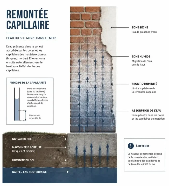 Schéma explicatif de l'assèchement des murs et des remontées capillaires