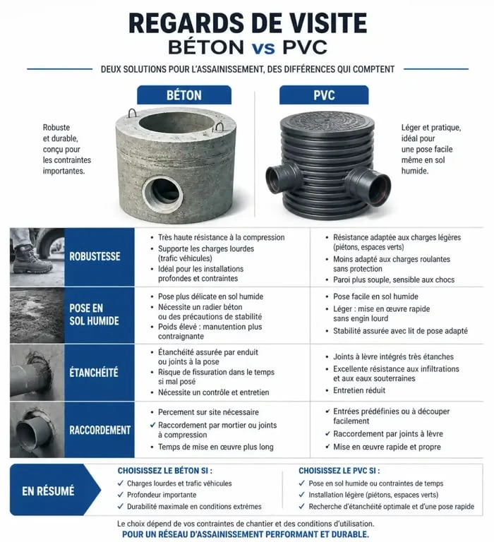 Comparatif technique entre regard de visite en béton et regard de visite en PVC pour réseau d'eaux usées