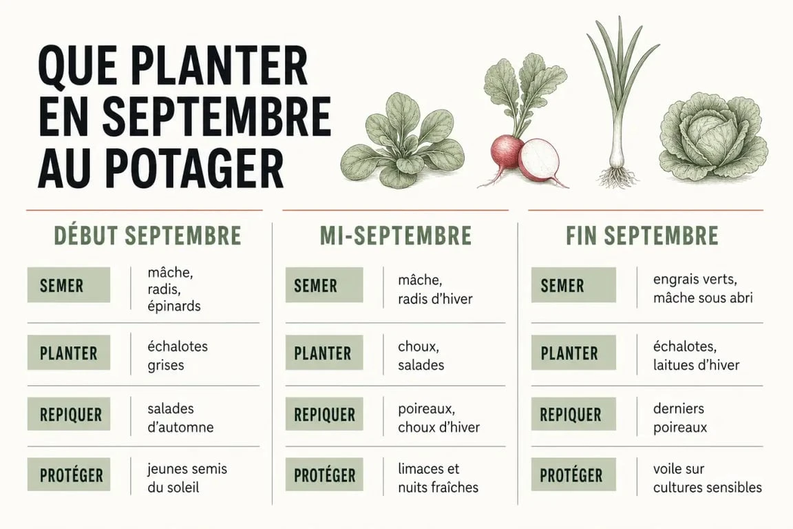 Que planter en septembre au potager : calendrier visuel des semis, plantations et protections