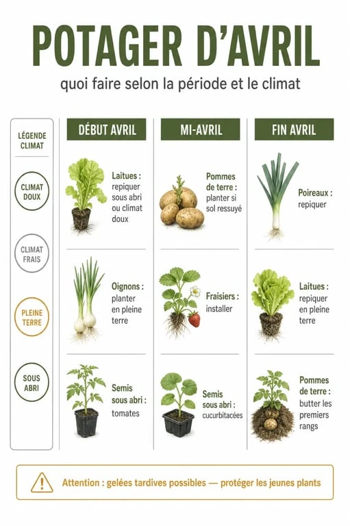Que planter en avril au potager : calendrier visuel des plantations, semis et protections en avril