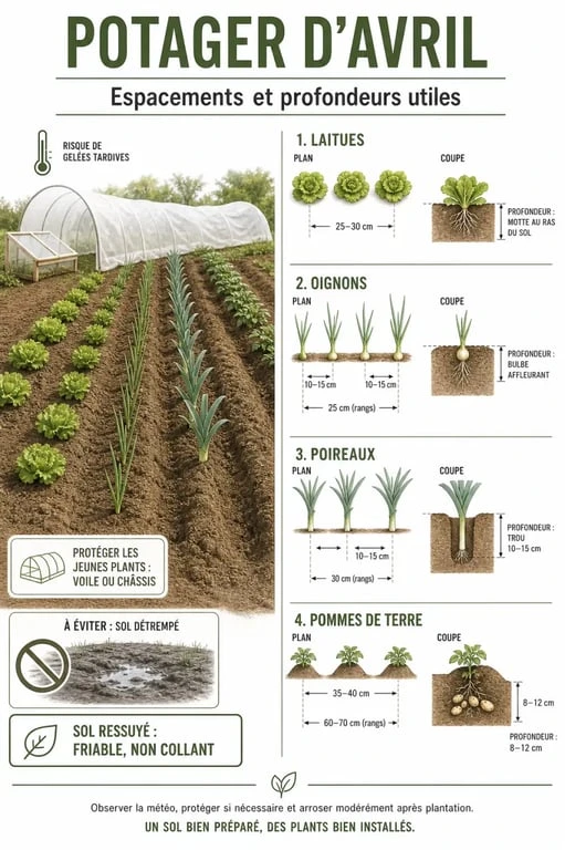Que planter en avril au potager : schéma des espacements, profondeurs et protections au printemps