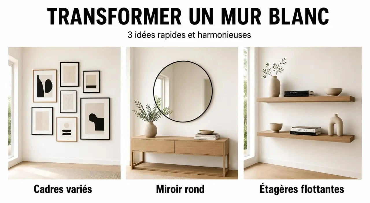 Idées pour décorer un mur blanc avec cadres, miroir et étagères flottantes dans un intérieur contemporain