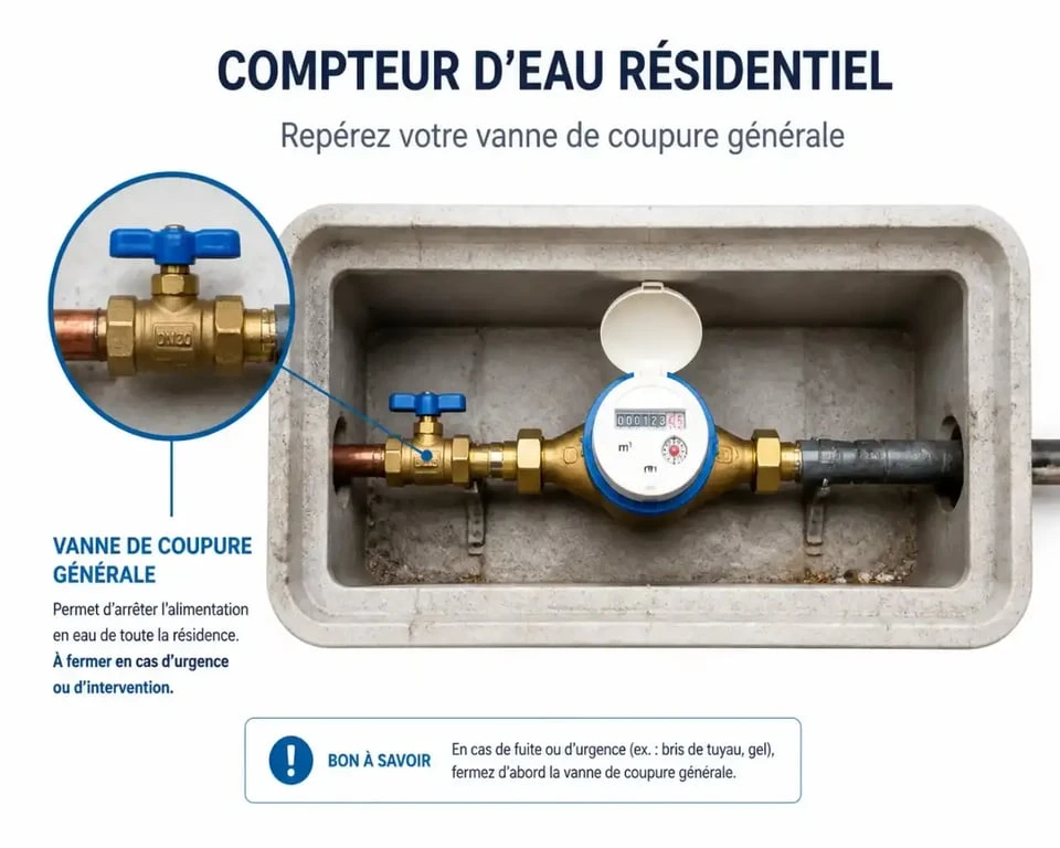Compteur d'eau et vanne générale pour couper l'eau du logement