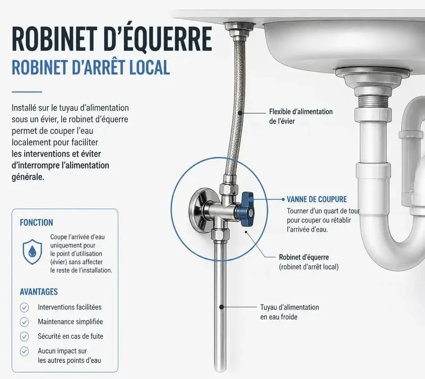 Schéma d'un robinet d'arrêt local pour couper l'eau d'un seul robinet sous un évier
