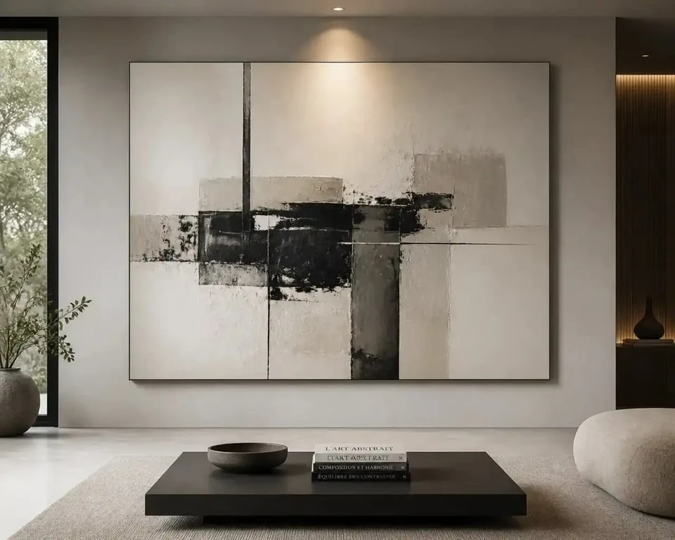 Décorer un grand mur salon avec un tableau XXL comme point focal.