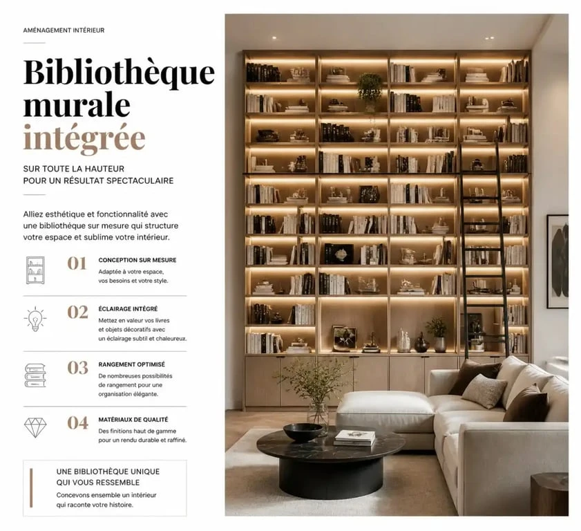 Idée pour décorer un grand mur salon avec une bibliothèque intégrée.