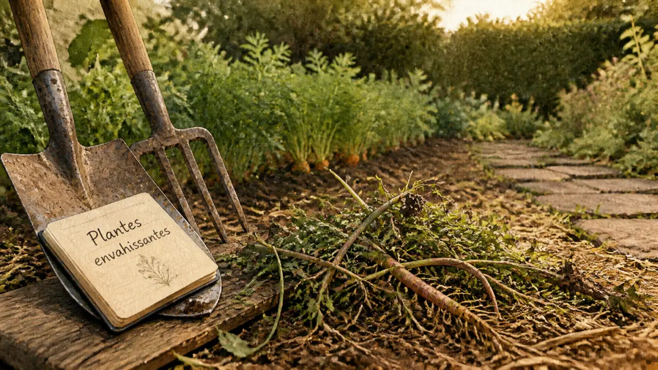 Plantes envahissantes jardin : liseron ou chiendent avec rhizomes et repousses visibles