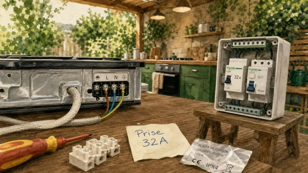 Prise plaque de cuisson : 32A ou sortie de câble selon le type d’appareil