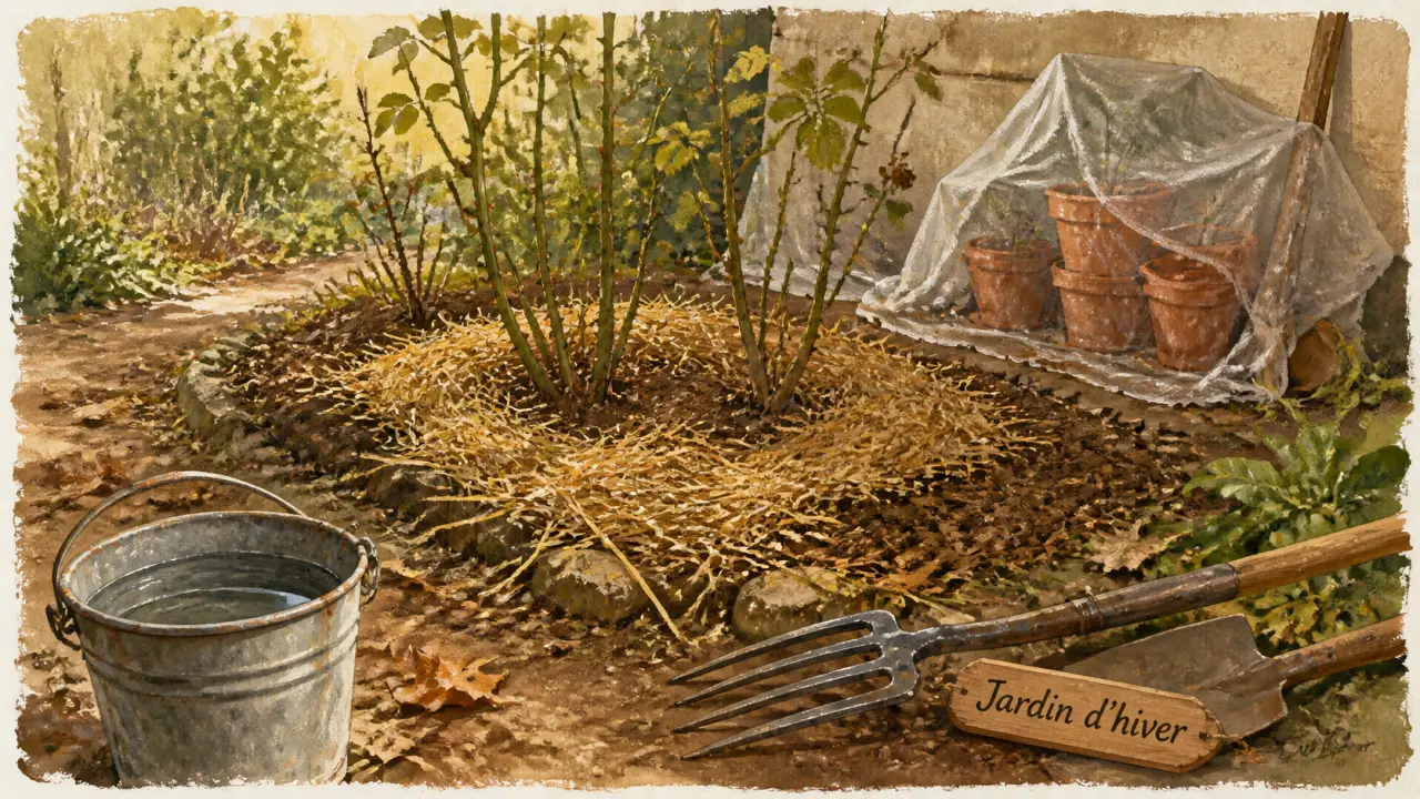 Que faire au jardin en hiver : rosiers paillés, protection hivernale