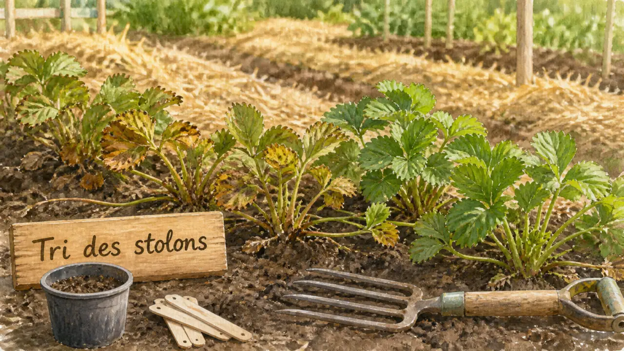 Que faire des vieux fraisiers : tri des stolons au potager