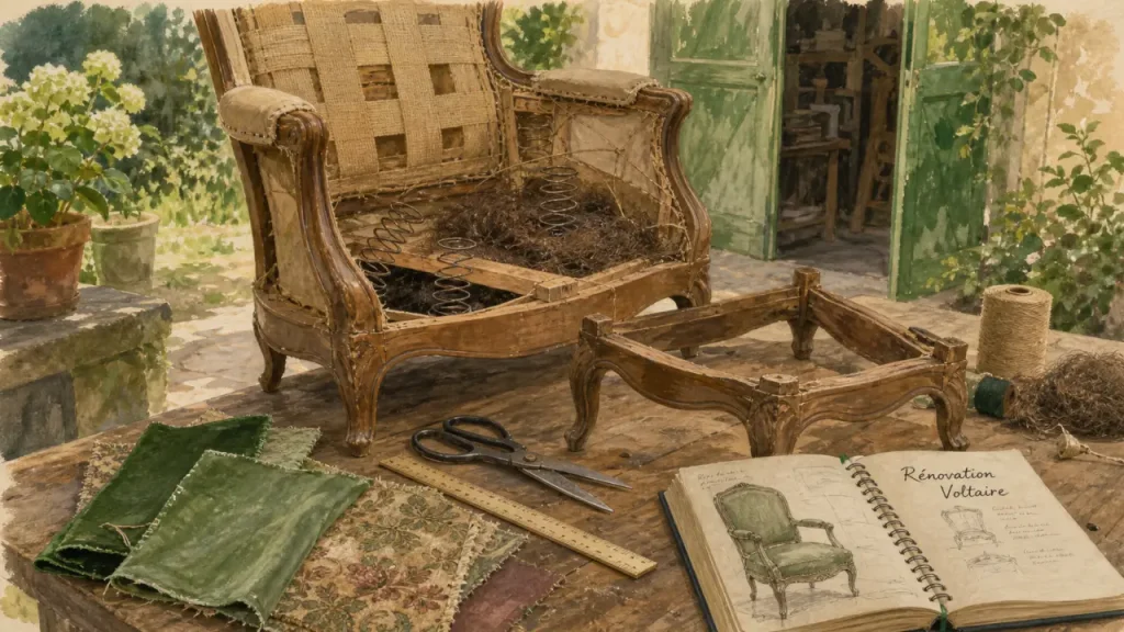 Rénovation de fauteuil Voltaire : crin ou mousse, bois et finitions qui font la différence