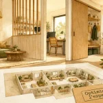 Aménagement maison : intérieur optimisé avec cloison bois et plan 3D
