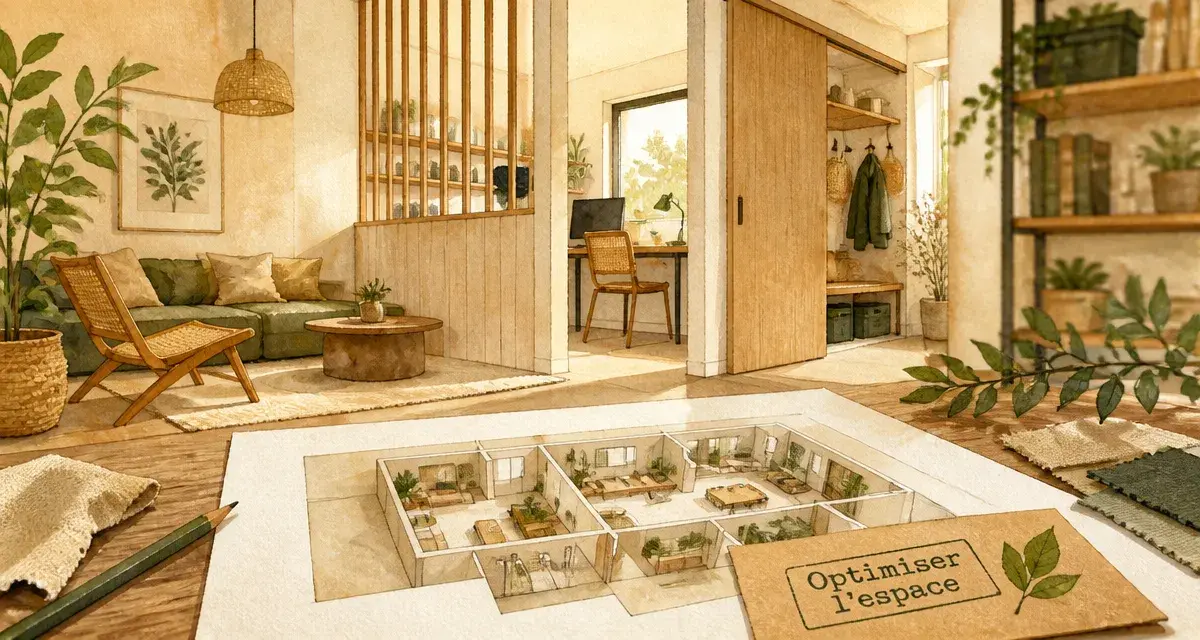 Aménagement maison : intérieur optimisé avec cloison bois et plan 3D
