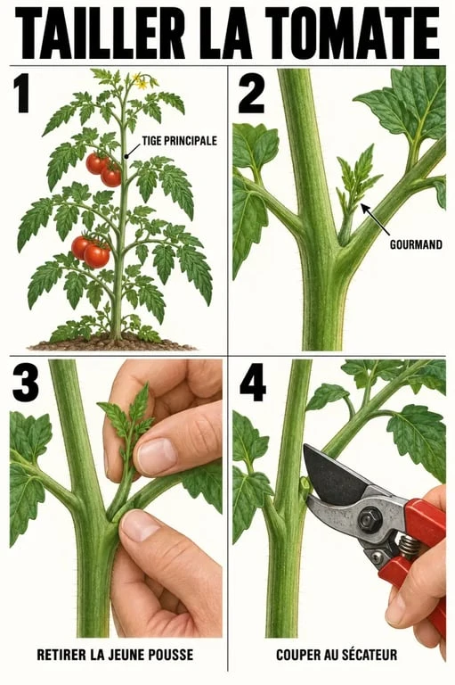 Taille tomate : reconnaître et retirer un gourmand dans l'aisselle d'une feuille