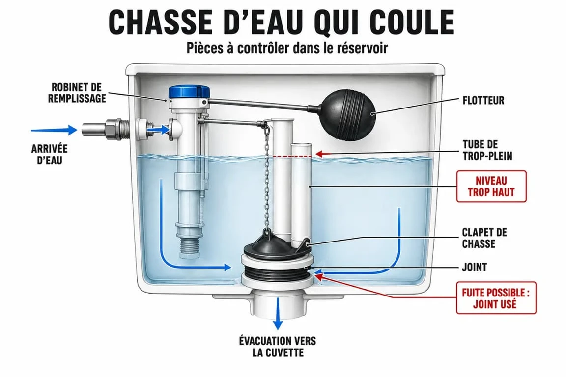 Schéma des pièces d’une chasse d eau qui coule dans le réservoir de WC