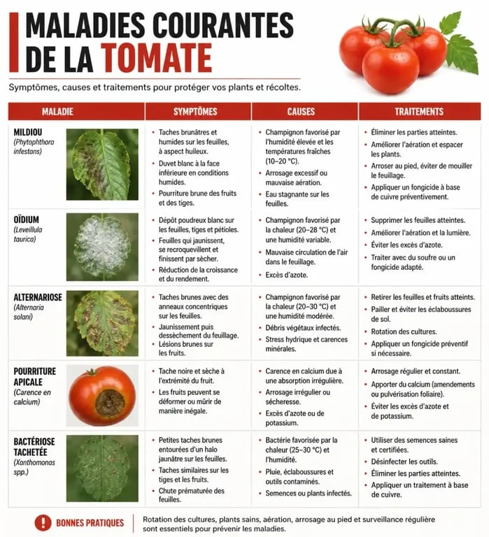 Tableau récapitulatif des maladies sur les tomates et leurs traitements