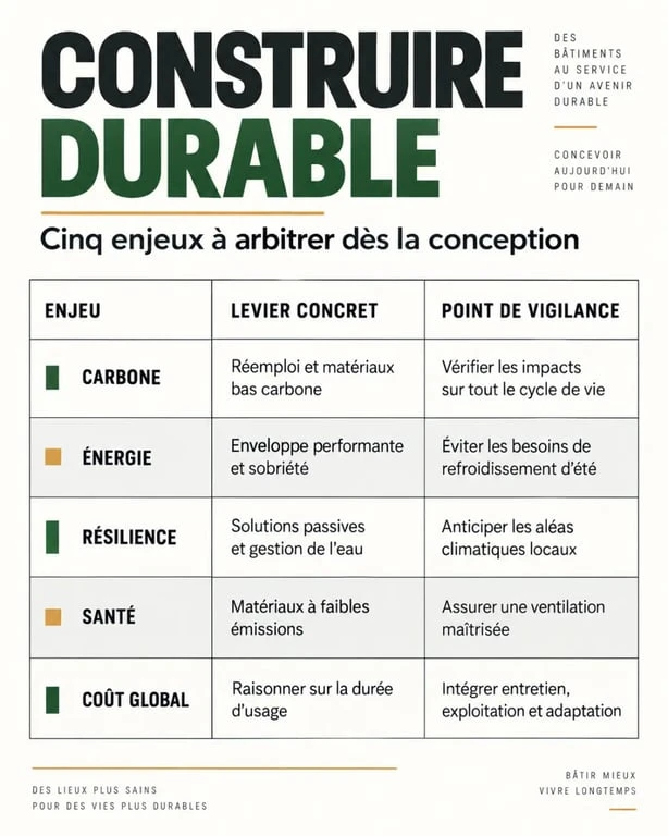 Construction durable : comparaison des leviers pour le carbone, l'énergie, la résilience, la santé et le coût global
