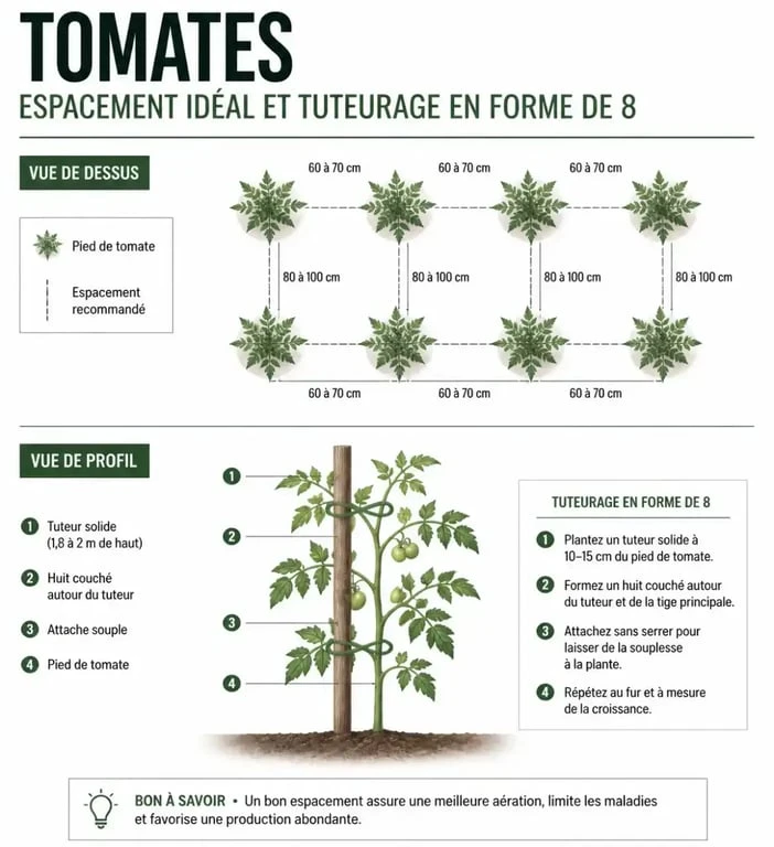 Schéma de l'espacement et du tuteurage pour la plantation de tomates